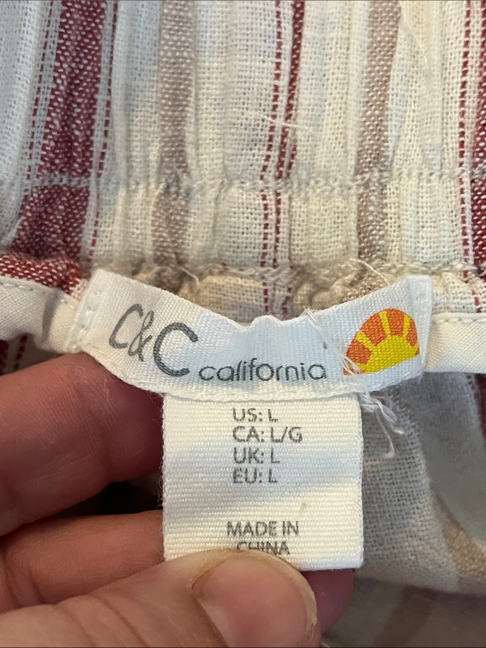 C&C California Linen L Cream Mauve Tan Striped Cropped Pants Elastic Waist - Picture 6 of 7